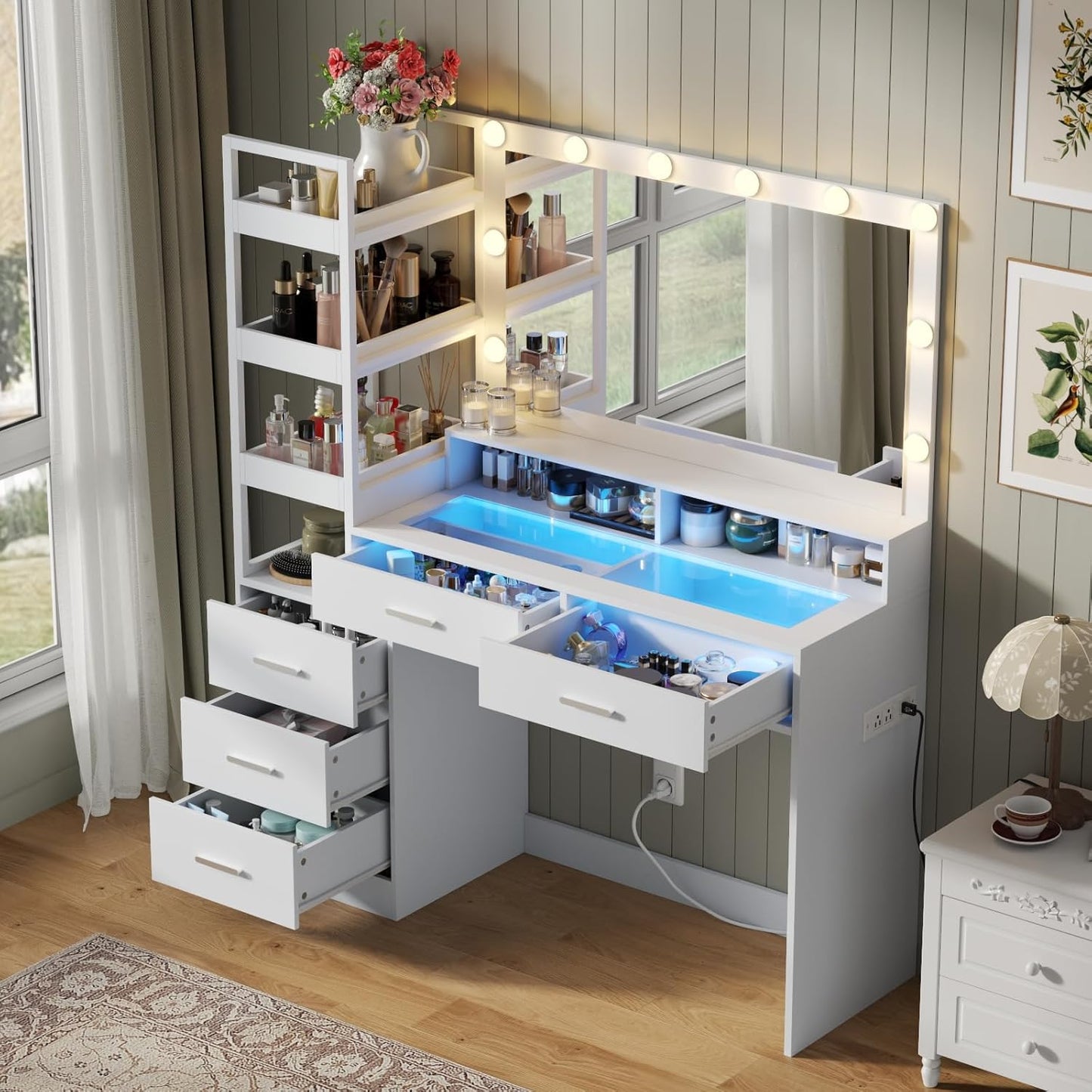 White Vanity Desk with Mirror and Lights, 8 Drawer Makeup Vanity Table with Glass Top, Power Outlets and RGB Lights, Women & Girls Dressing Table with Lighted Mirror（Stool Not Included）