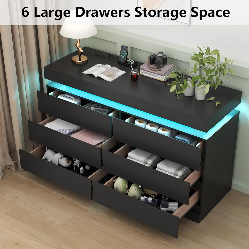6 Drawer Dresser with Power Outlet, Dresser with LED Light, Modern Chest of Drawers for Closet, Double Wide Drawer Organizer Cabinet for Bedroom, Living Room (Black, 6 Drawers)