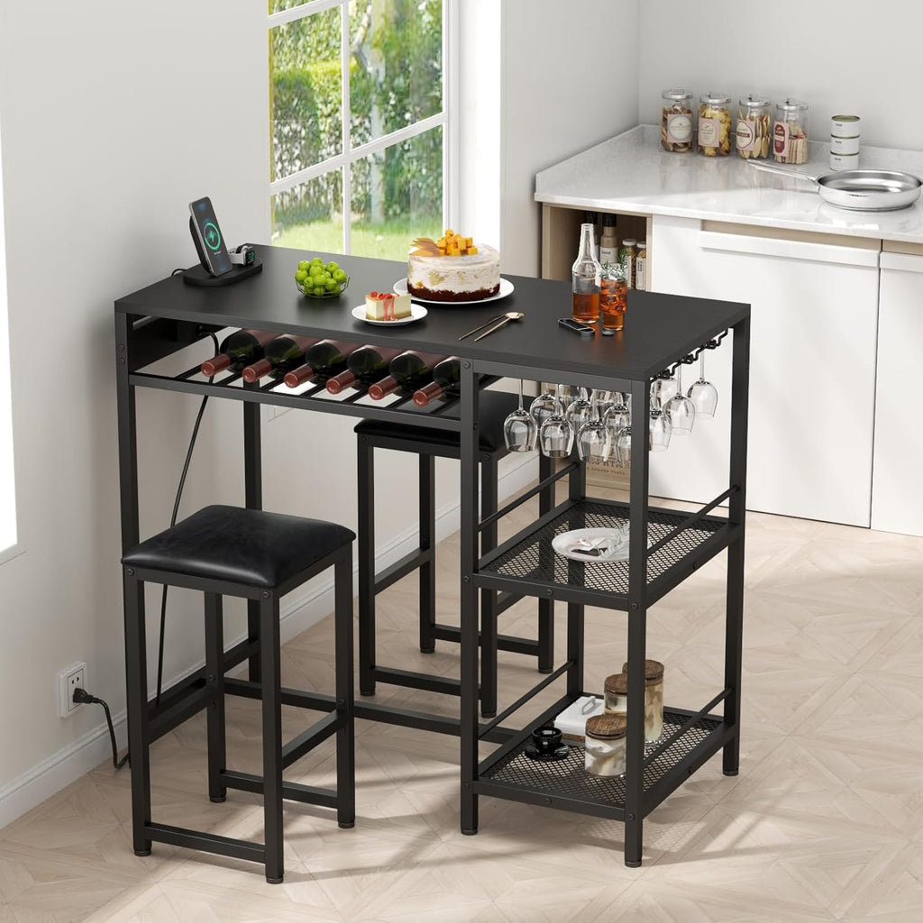 Bar Table and Chairs Set with Power Outlet, Pub Table and Chairs Set for 2 with 2 Storage Shelves, 3 Piece Table Set with Wine Rack&Glass Holder for Living Room,Dining Room,Small Apt (Black)