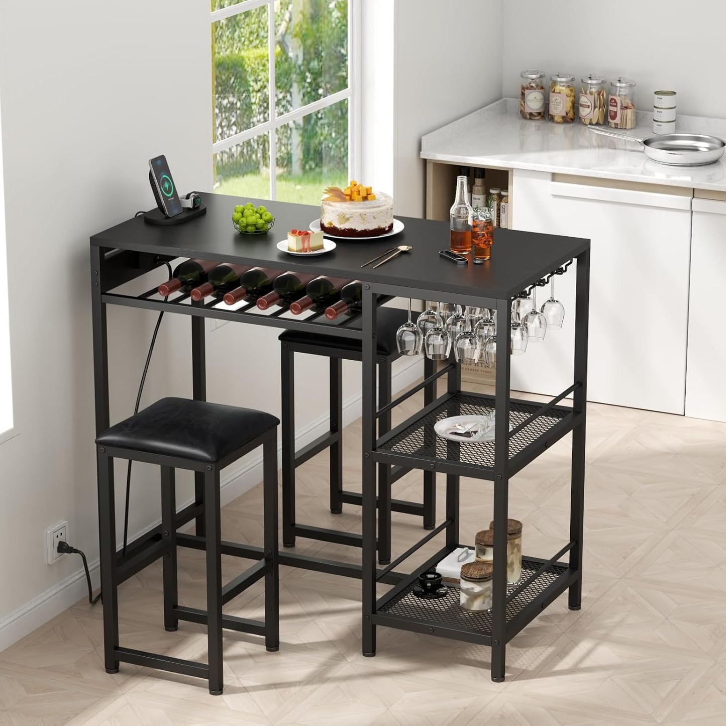 Bar Table and Chairs Set with Power Outlet, Pub Table and Chairs Set for 2 with 2 Storage Shelves, 3 Piece Table Set with Wine Rack&Glass Holder for Living Room,Dining Room,Small Apt (Black)