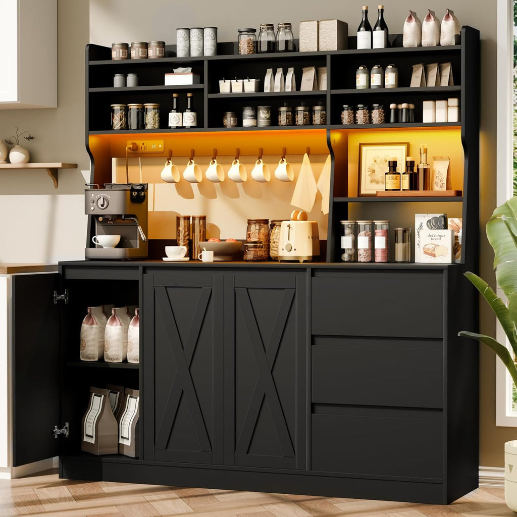 Farmhouse Kitchen Pantry Cabinet with Power Outlet & LED Light, Large Coffee Bar Cupboard with Microwave Stand, 3 Doors & 3 Drawers, 7 Cup Holders & 8 Open Cubbies, Adjusted Shelves (Black)