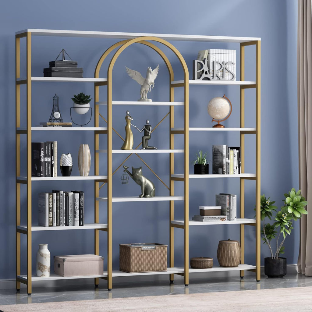 Triple Wide Gold Bookshelf, 70.87" W x 71.34" H Large Modern Etagere Bookcase, Tall Display Shelf with 13-Tier Open Shelves, Freestanding Staggered Storage Shelf for Home Office (White/Gold)