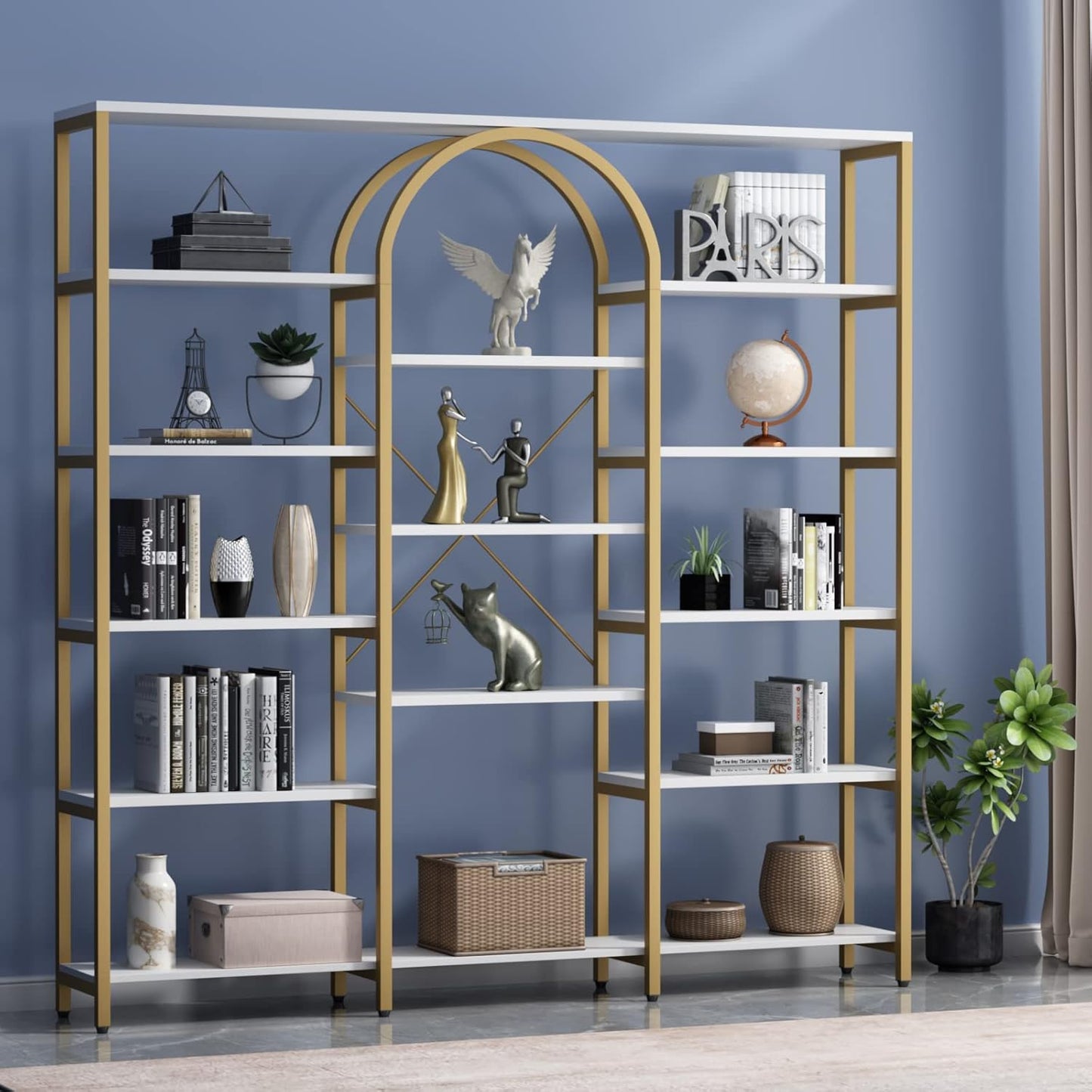 Triple Wide Gold Bookshelf, 70.87" W x 71.34" H Large Modern Etagere Bookcase, Tall Display Shelf with 13-Tier Open Shelves, Freestanding Staggered Storage Shelf for Home Office (White/Gold)