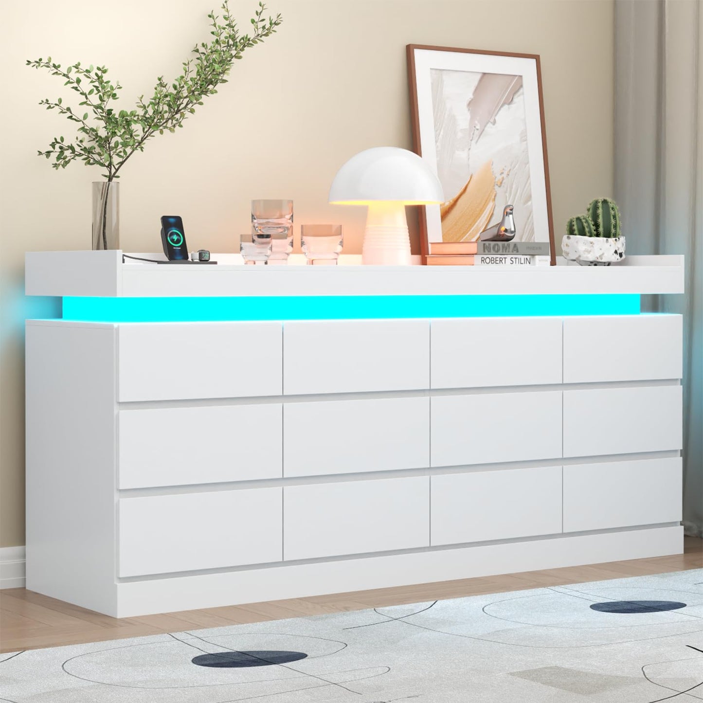 6 Drawer Dresser with Power Outlet, Dresser with LED Light, Modern Chest of Drawers for Closet, Double Wide Drawer Organizer Cabinet for Bedroom, Living Room (White, 6 Drawers)