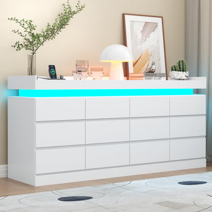 6 Drawer Dresser with Power Outlet, Dresser with LED Light, Modern Chest of Drawers for Closet, Double Wide Drawer Organizer Cabinet for Bedroom, Living Room (White, 6 Drawers)