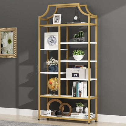 Lux Etagere 8-Tier Open Shelf Bookcase – 70.87" H x 31.5" L, Modern Metal Frame with Gold Finish & White Shelves, Tall Storage Display for Bedroom, Home Office & Living Room (Gold)