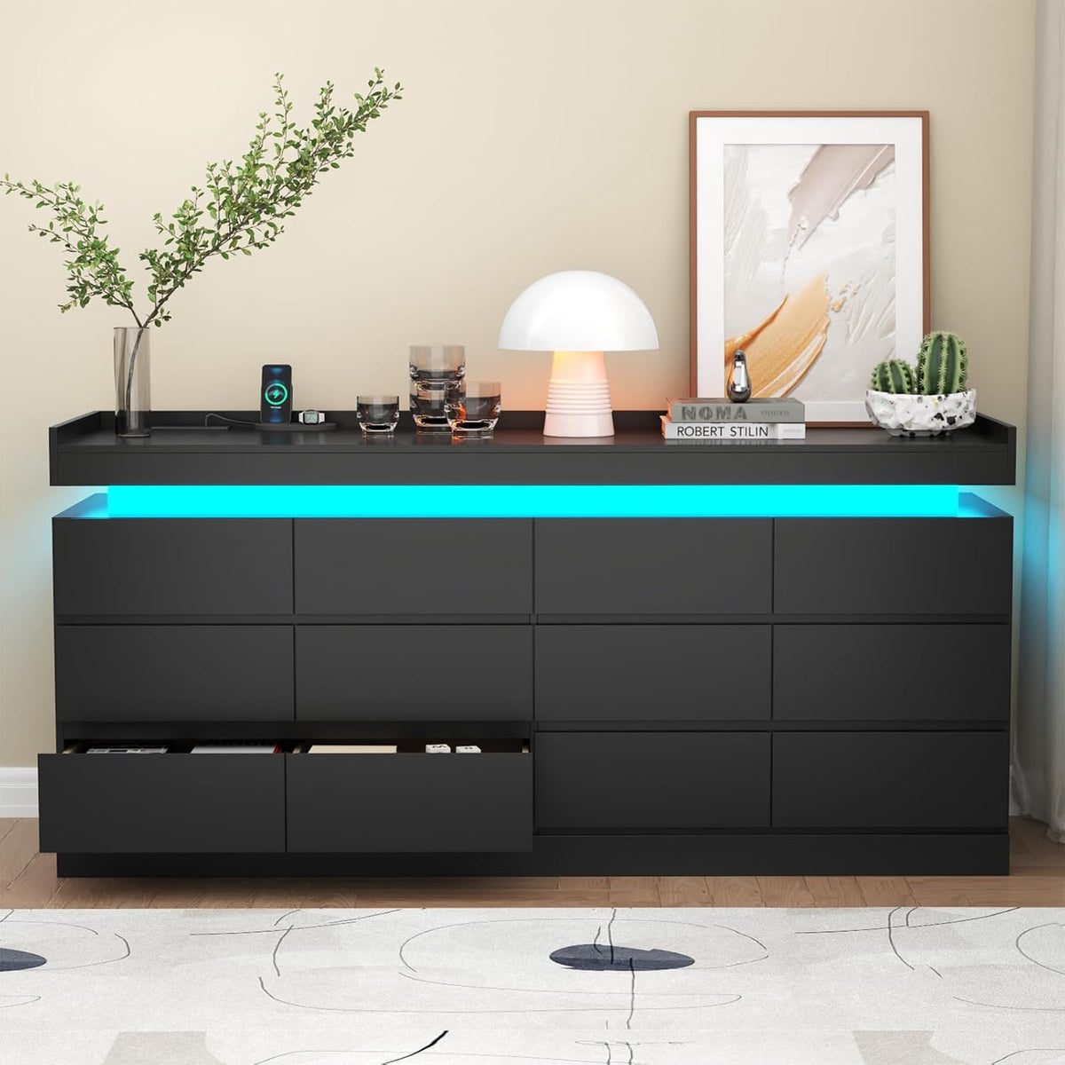 Extra Large 6 Drawer Dresser with 12 Compartment, Dresser with Power Outlet