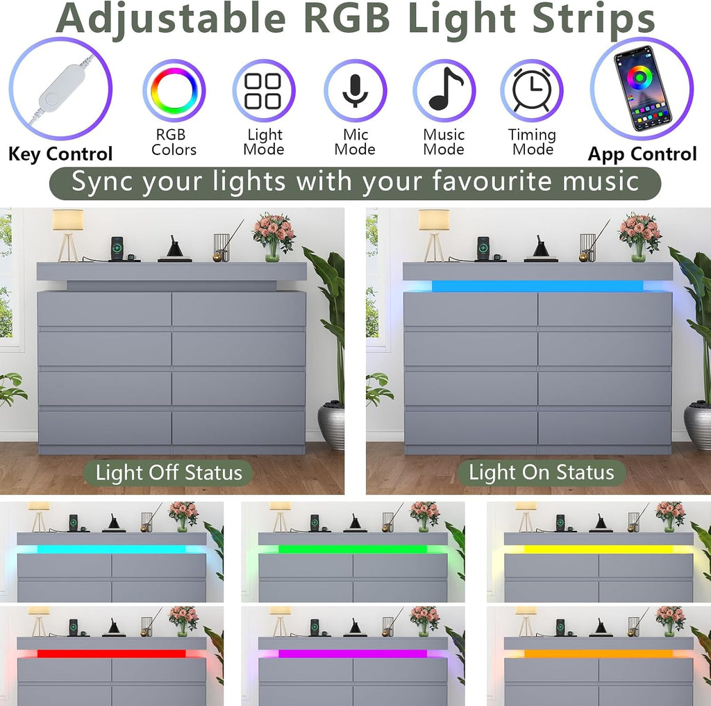Gyfimoie 8 Drawer Dresser with Power Outlet, Modern Dresser with LED Light