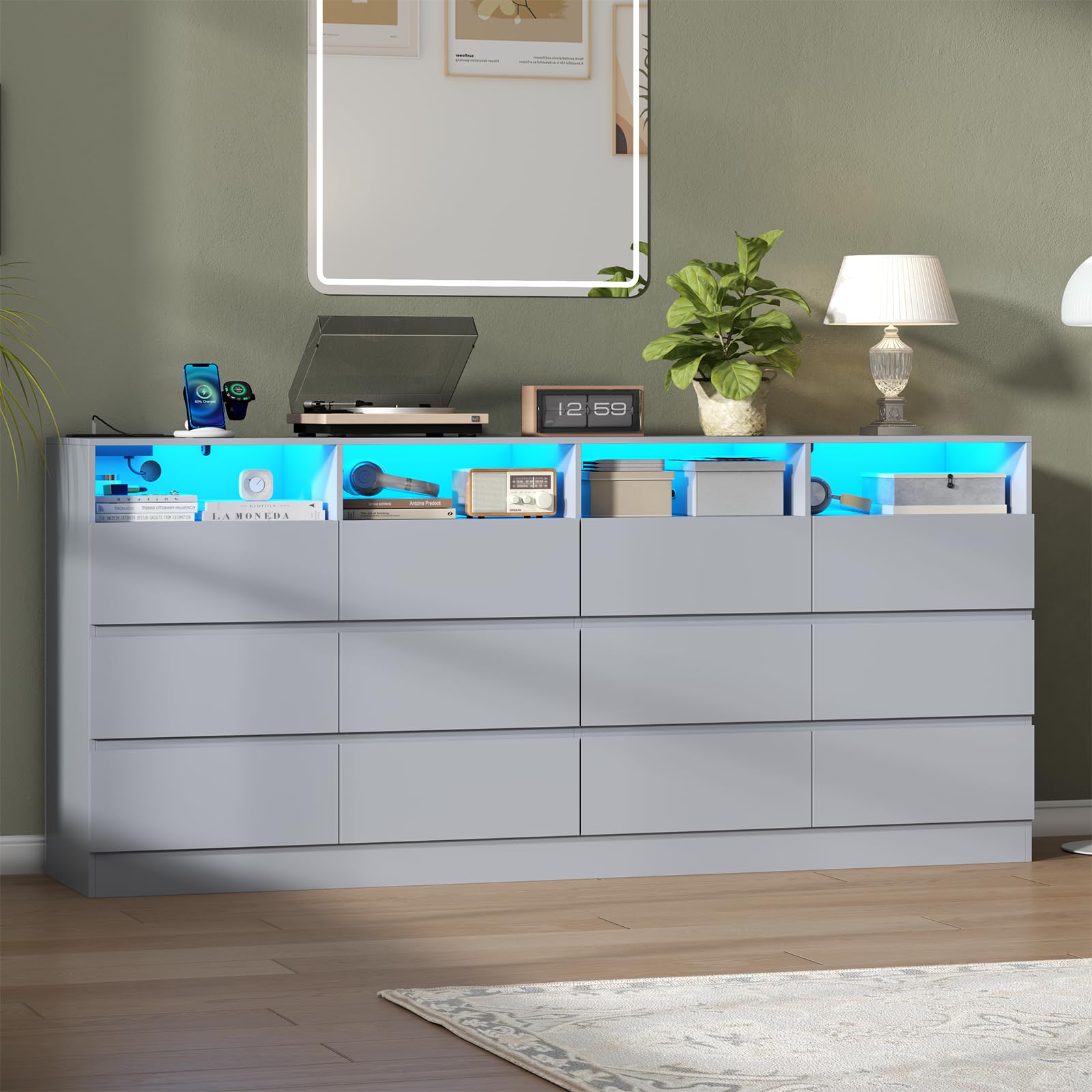 63" Wide 6-Drawer Black Dresser with Divided Compartments, Charging Station & LED Lights, TV Stand for TVs up to 75", Large Organizer with 4 Open Cubbies