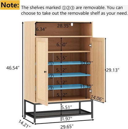 Natural Rattan Shoe Cabinet Entryway, 7-Tier Shoe Organizer with Doors, 46.54’’ Tall Shoe Rack Storage with Adjustable Shelves and Open Storage Space for Hallway, Closet (Natural)