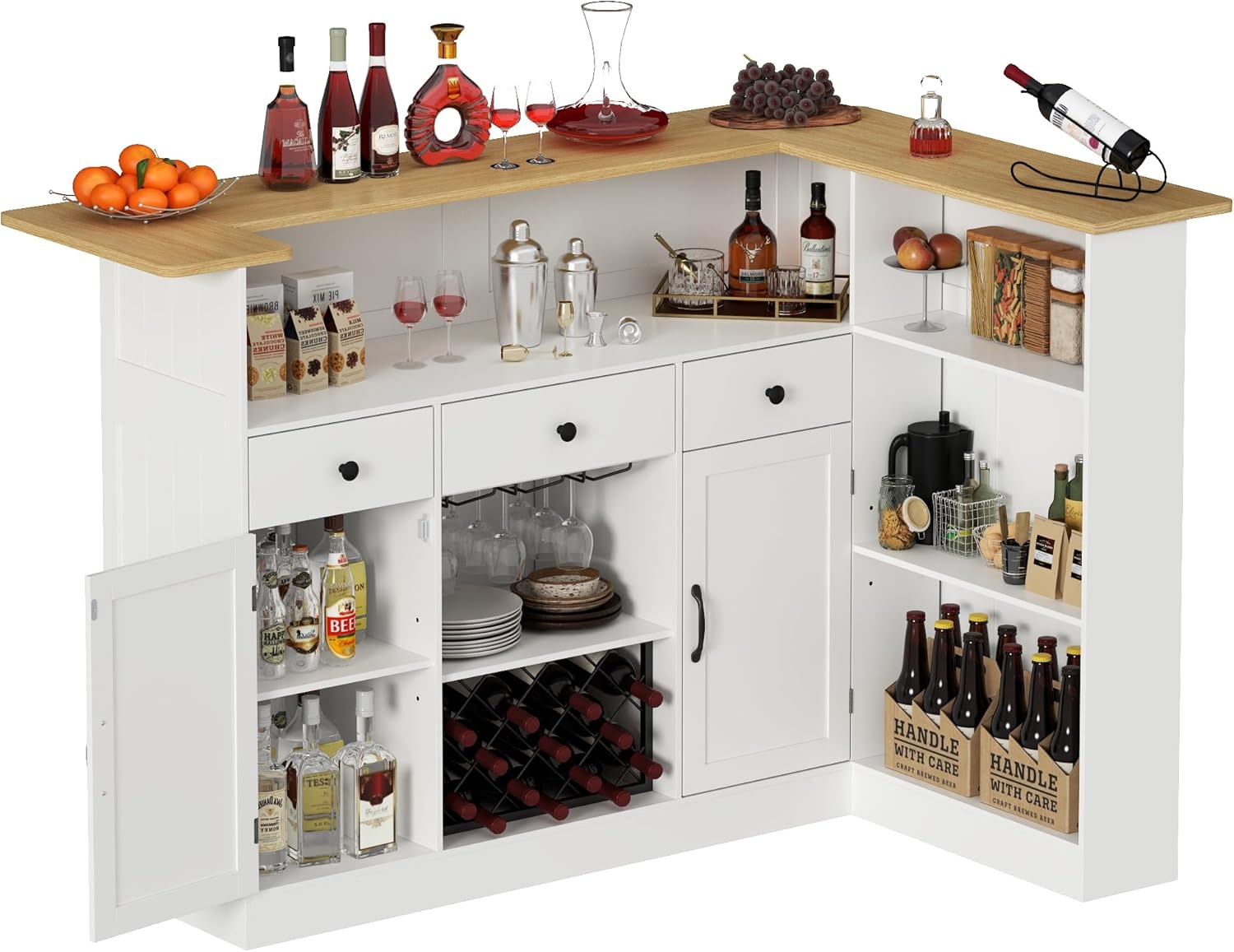 Bar Cabinet, L-Shaped Home Bar Table with Drawers and Doors, Corner Bar Unit with Stemware Racks, Liquor Wine Bar Cabinet with Storage Shelves for Home Pub