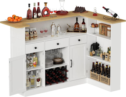 Bar Cabinet, L-Shaped Home Bar Table with Drawers and Doors, Corner Bar Unit with Stemware Racks, Liquor Wine Bar Cabinet with Storage Shelves for Home Pub