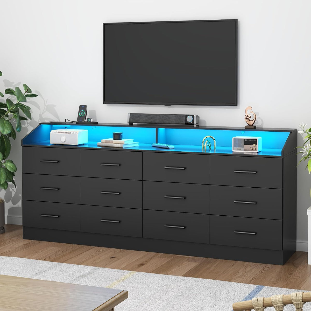 12 Drawer Dresser for Bedroom with Power Outlet,Modern Dresser w/ LED Light