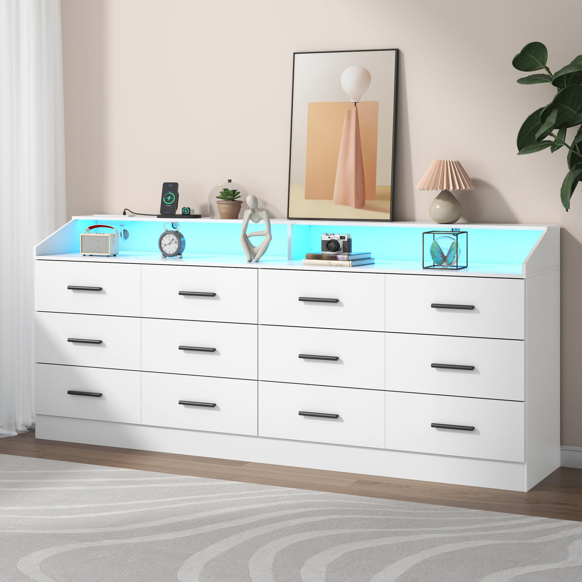 12 Drawer Dresser for Bedroom with Power Outlet,Modern Dresser w/ LED Light