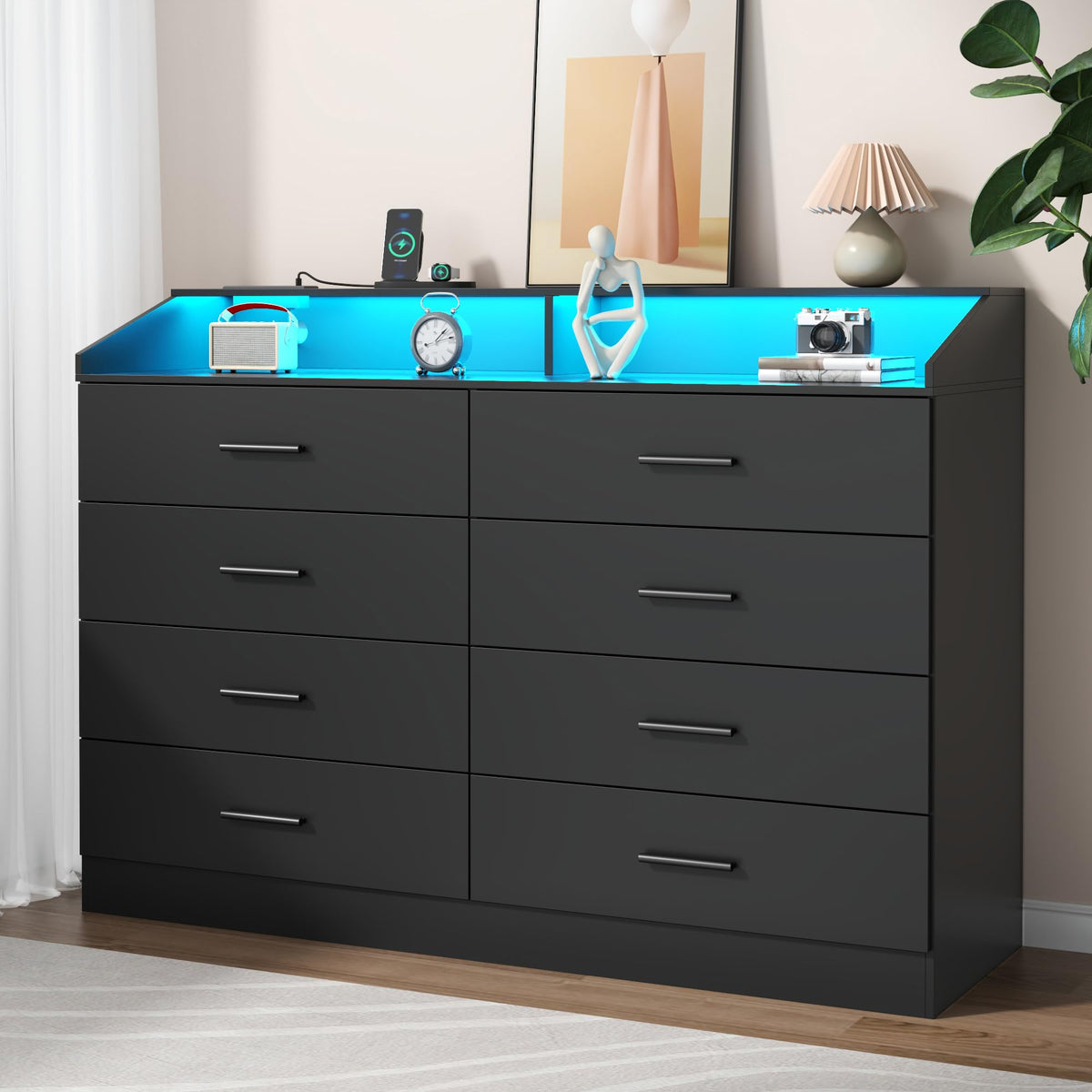 12 Drawer Dresser for Bedroom with Power Outlet,Modern Dresser w/ LED Light