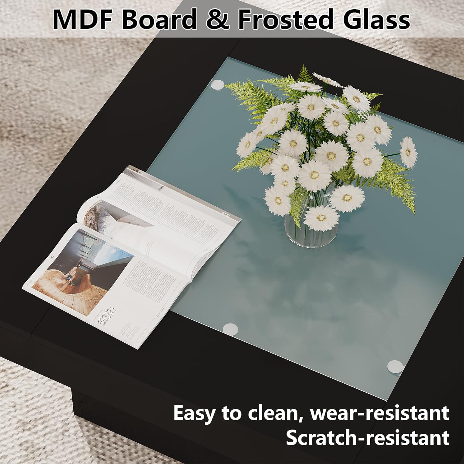 Square Coffee Table with LED Lights, 35.4" Coffee Tables for Living Room, Tempered Glass-top Coffee Table, Black Modern Center Table, Engineered Wood Low Coffee Tables for Home Office