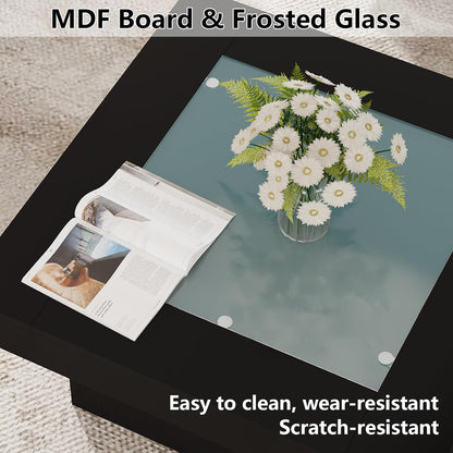 Square Coffee Table with LED Lights, 35.4" Coffee Tables for Living Room, Tempered Glass-top Coffee Table, Black Modern Center Table, Engineered Wood Low Coffee Tables for Home Office