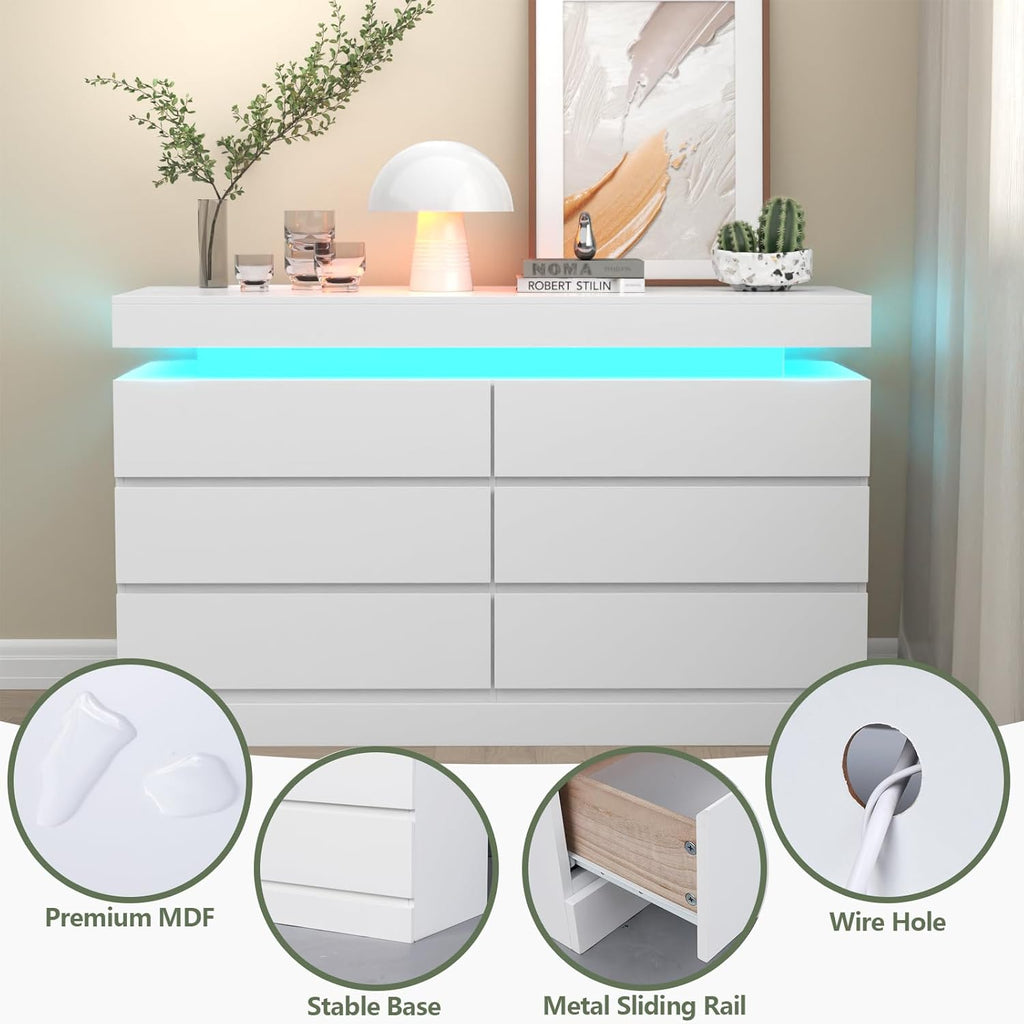 6 Drawer Dresser with Power Outlet, Dresser with LED Light, Modern Chest of Drawers for Closet, Double Wide Drawer Organizer Cabinet for Bedroom, Living Room (White, 6 Drawers)