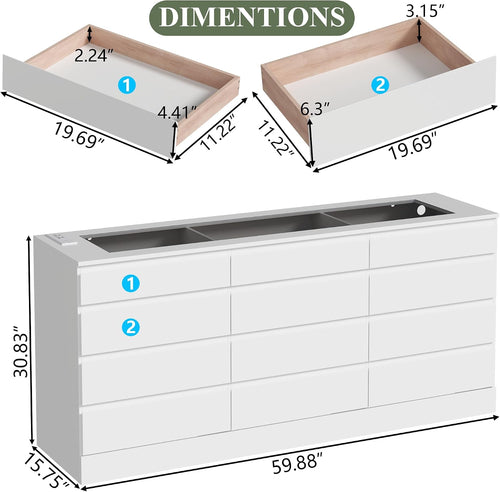12 Drawer Dresser for Bedroom, White Dresser with Power Outlet & LED Lights