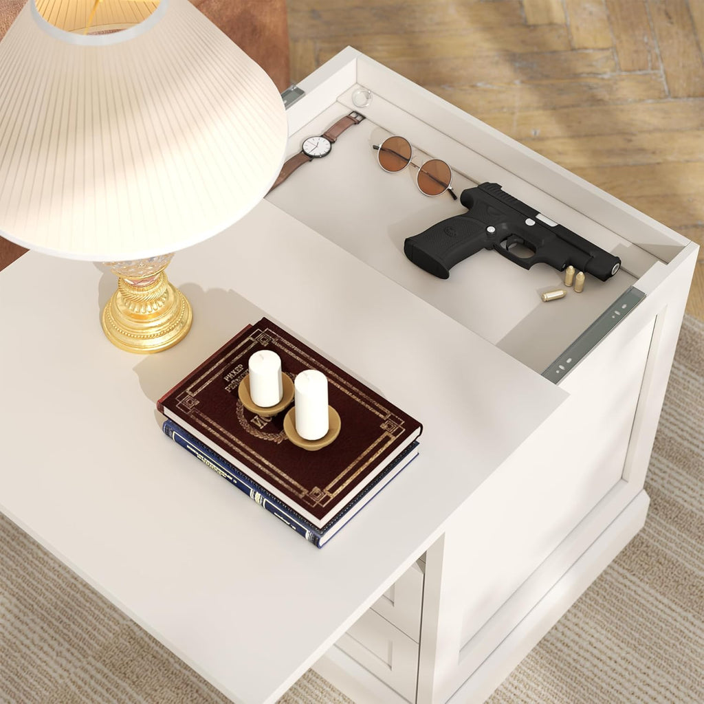 Nightstand with Side Drawer, Night Stand, End Table with Hidden Storage Space, Bedside Table with Open Shelf, 2 Drawers Dresser for Bedroom, Living Room, Closet (White)