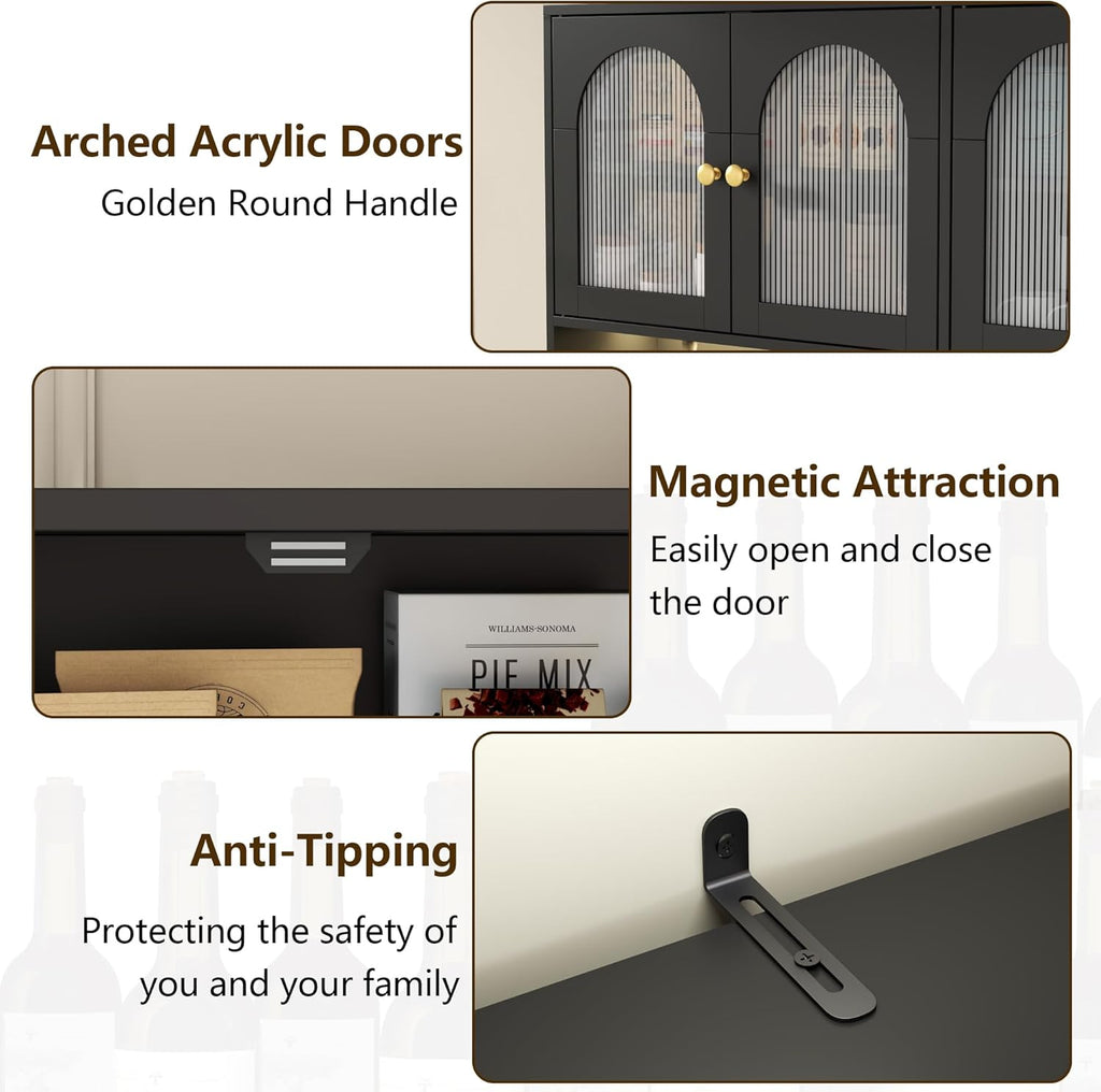 71'' Tall Kitchen Pantry Storage Cabinet, Large Black Pantry Cabinet with Wine & Glass Rack, 47'' Extra Wide LED Pantries with DIY Pegboard & Drawers & Doors, Modern Kitchen Hutch with Countertop