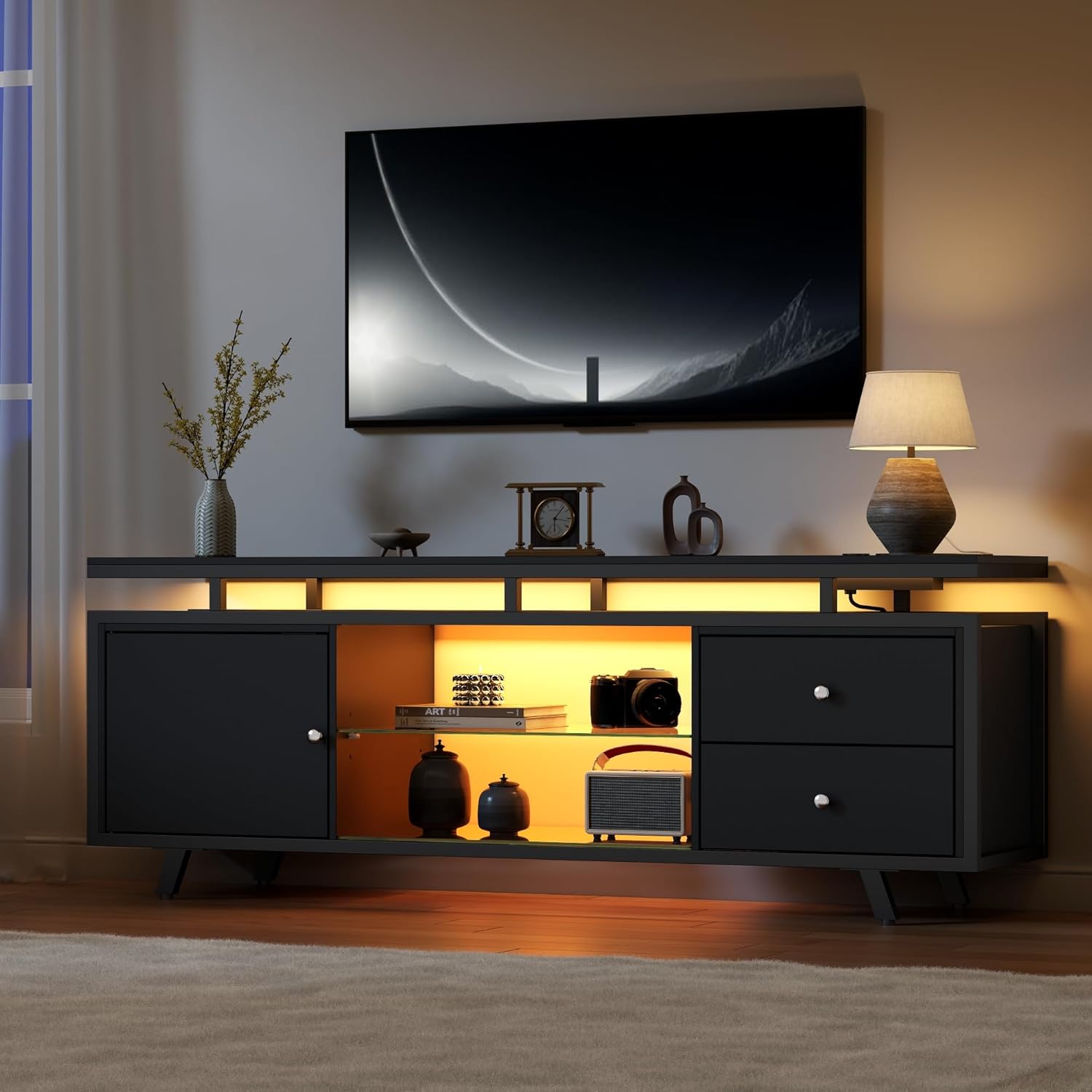 TV Stand for 65 Inch TV, LED Light Entertainment Center with Power Outlet and Storage Drawers & Cabinets, Modern Wood Media TV Console with Glass Shelves for Living Room Bedroom (Black)