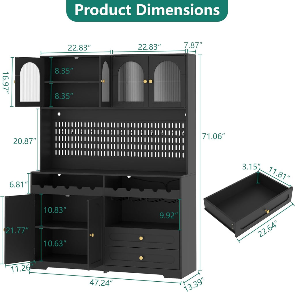 71'' Tall Kitchen Pantry Storage Cabinet, Large Black Pantry Cabinet with Wine & Glass Rack, 47'' Extra Wide LED Pantries with DIY Pegboard & Drawers & Doors, Modern Kitchen Hutch with Countertop