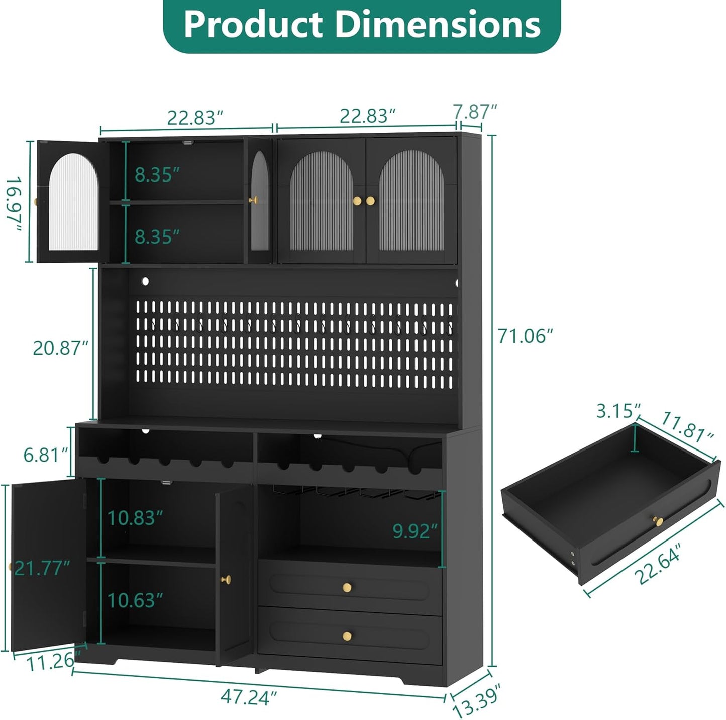 71'' Tall Kitchen Pantry Storage Cabinet, Large Black Pantry Cabinet with Wine & Glass Rack, 47'' Extra Wide LED Pantries with DIY Pegboard & Drawers & Doors, Modern Kitchen Hutch with Countertop