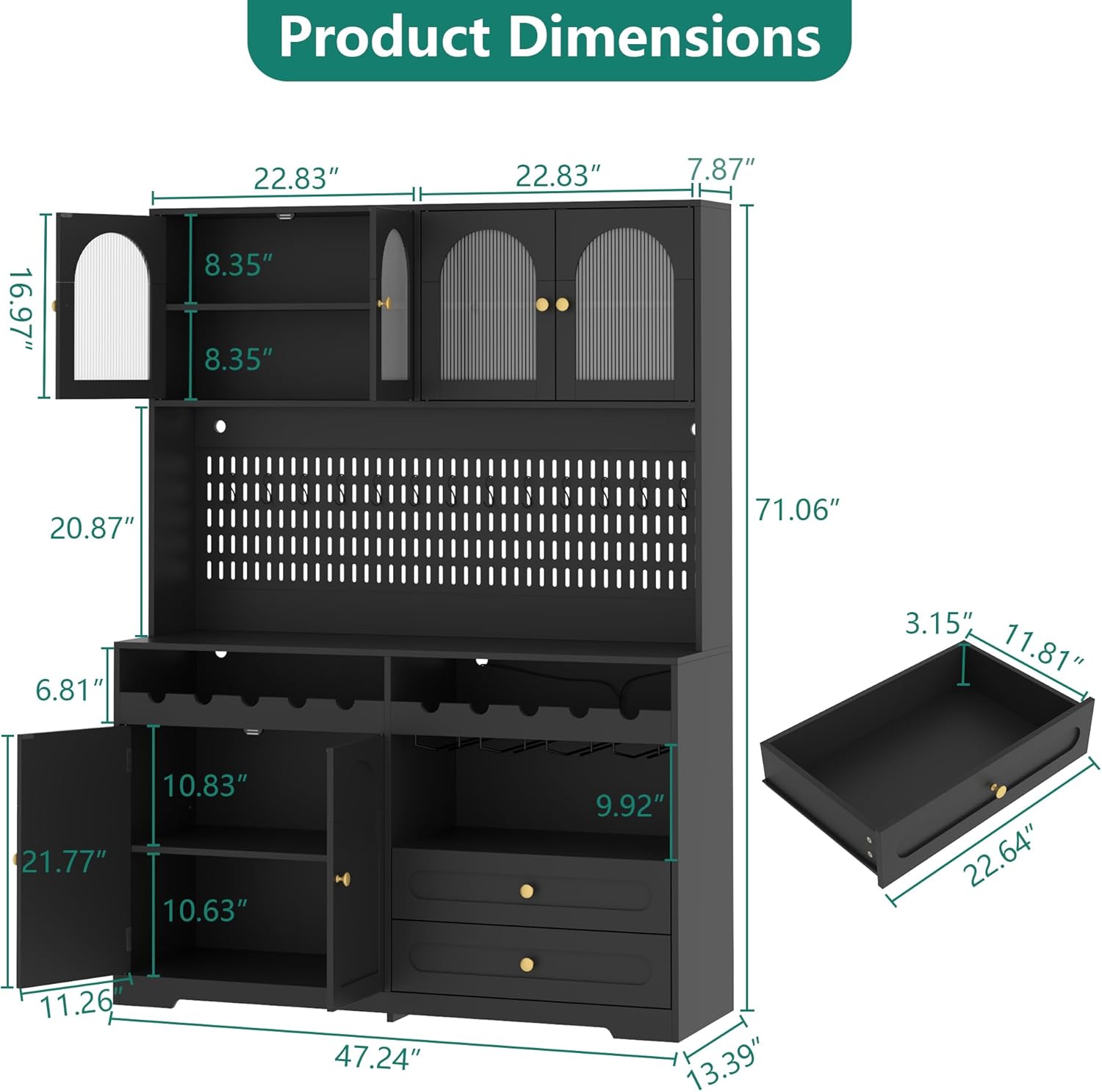 71'' Tall Kitchen Pantry Storage Cabinet, Large Black Pantry Cabinet with Wine & Glass Rack, 47'' Extra Wide LED Pantries with DIY Pegboard & Drawers & Doors, Modern Kitchen Hutch with Countertop