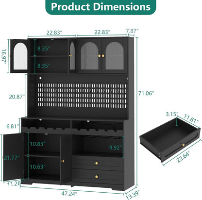 71'' Tall Kitchen Pantry Storage Cabinet, Large Black Pantry Cabinet with Wine & Glass Rack, 47'' Extra Wide LED Pantries with DIY Pegboard & Drawers & Doors, Modern Kitchen Hutch with Countertop