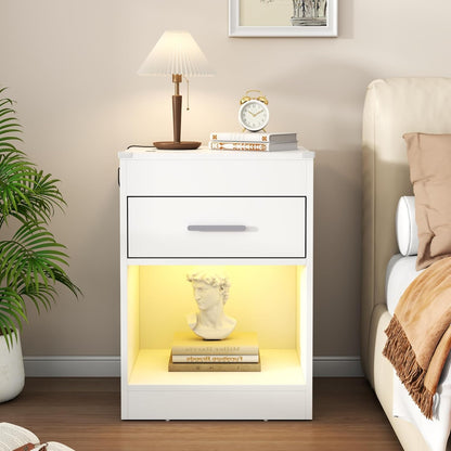 White Nightstand Set of 2 with Charging Station & RFID Lock Cabinet, Hidden Night Stand with LED Lights, Modern Bedside Table with Drawer & Valuables Storage, Secret Concealment Nightstand for Bedroom