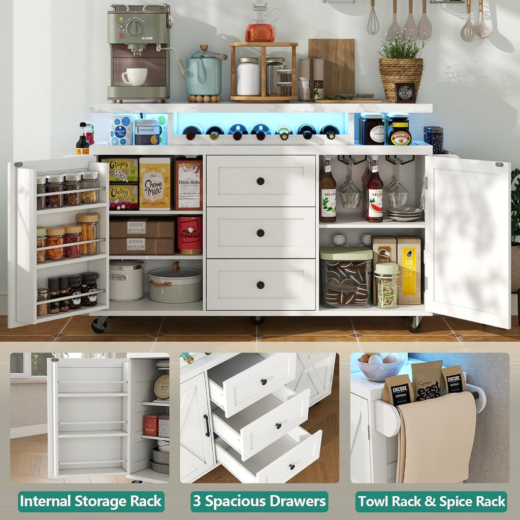 Rolling Kitchen Island Cart with Storage, Kitchen Island on Wheels with LED Lights & 3 Drawers, Side Table with Spice Rack & Towel Rack, Large Mobile Islands Table for Dining Room, White