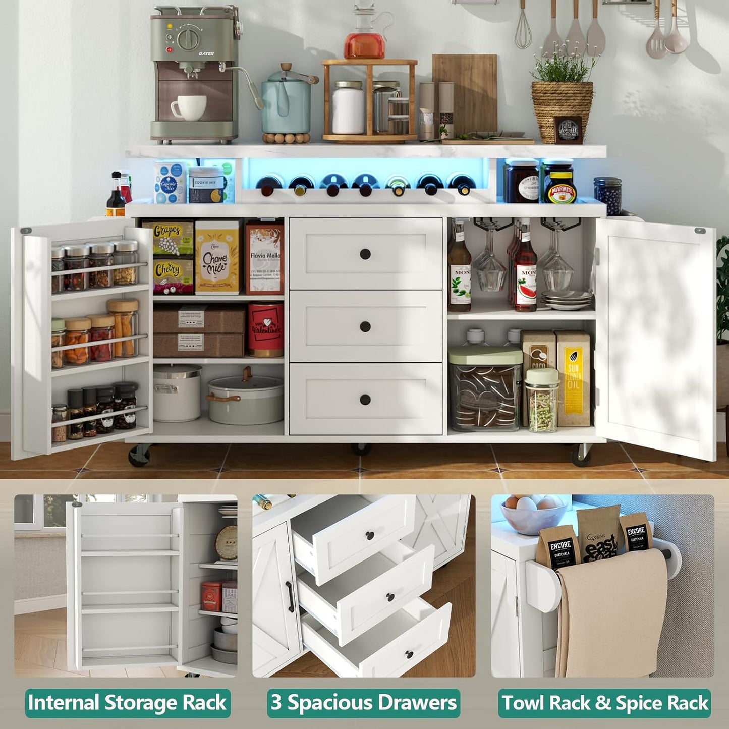 Rolling Kitchen Island Cart with Storage, Kitchen Island on Wheels with LED Lights & 3 Drawers, Side Table with Spice Rack & Towel Rack, Large Mobile Islands Table for Dining Room, White
