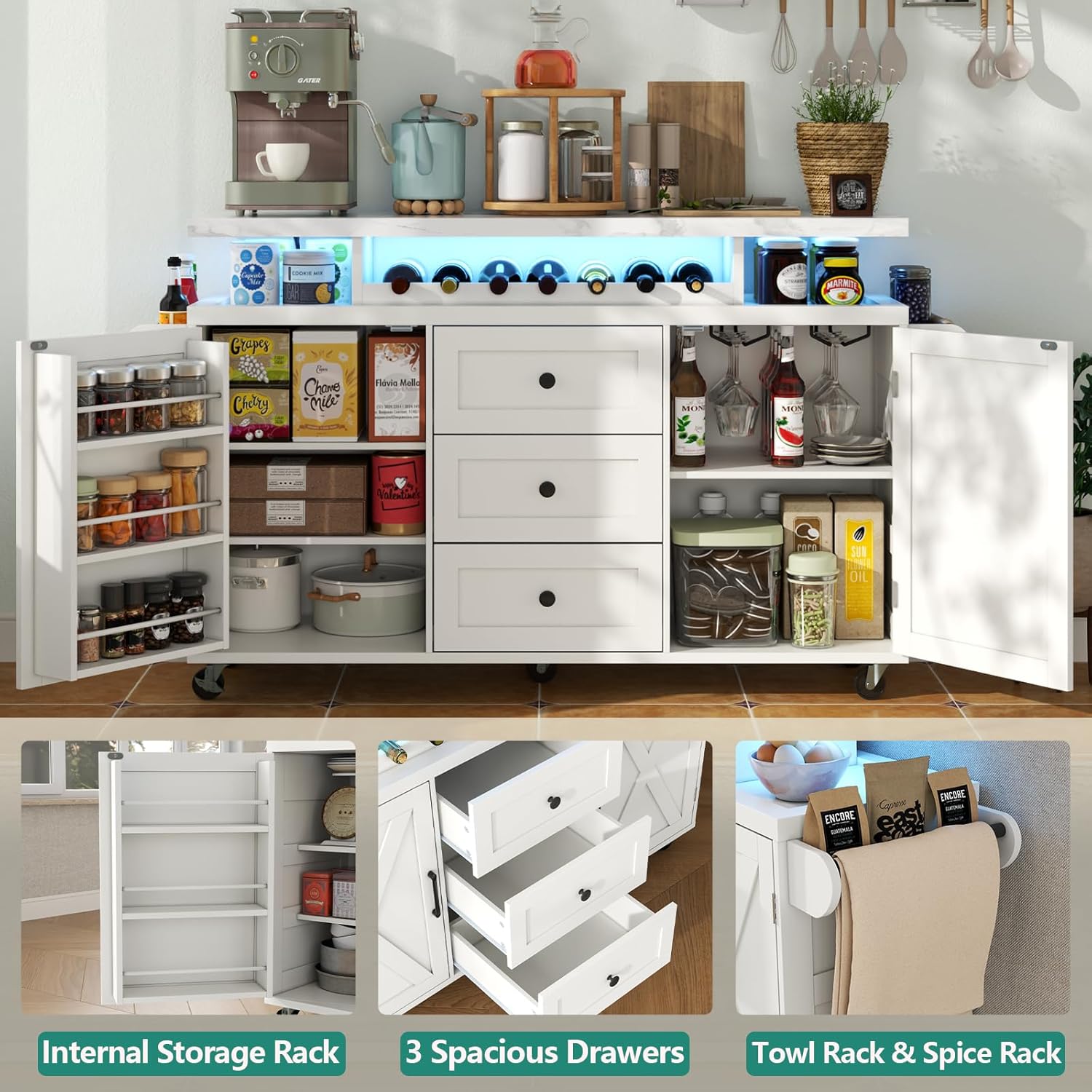 Rolling Kitchen Island Cart with Storage, Kitchen Island on Wheels with LED Lights & 3 Drawers, Side Table with Spice Rack & Towel Rack, Large Mobile Islands Table for Dining Room, White