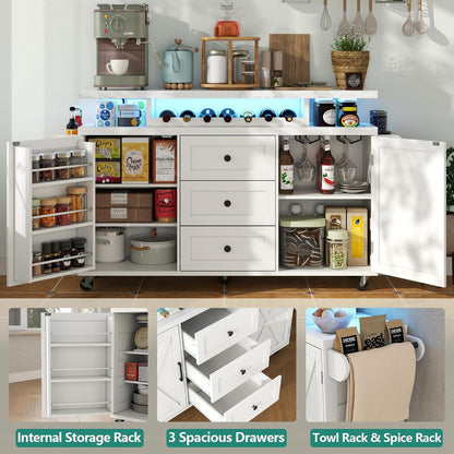 Kitchen Island with Storage, 55" Kitchen Island on Wheels with LED Lights & 3 Drawers,Rolling Kitchen Cart with Spice Rack & Towel Rack, Large Mobile Islands Table for Kitchen, White