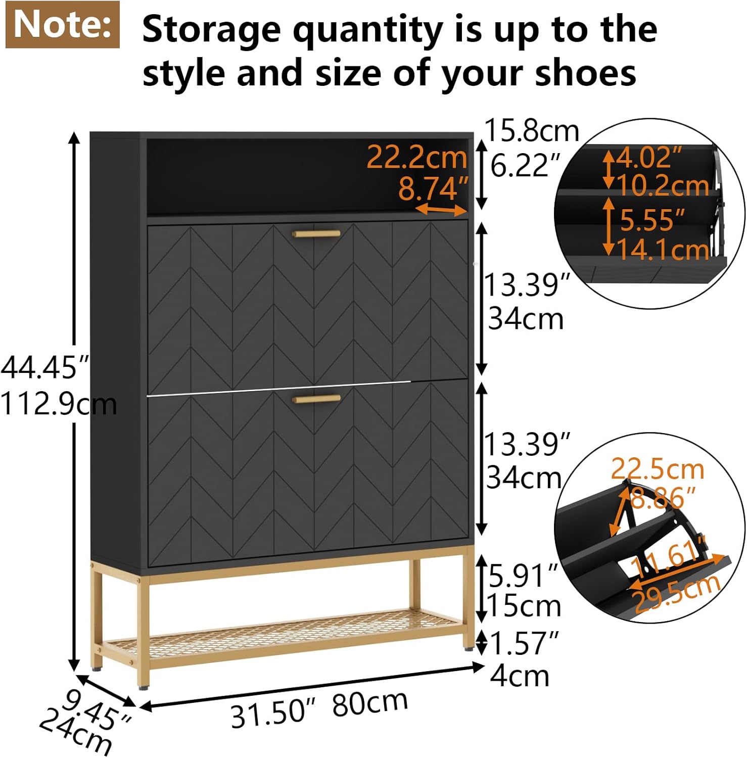 Shoe Storage Cabinet with 2 Flip Drawers, Freestanding Tipping Bucket Shoe Rack Organizer with Top Cubby & Storage Shelf, Narrow Slim Hidden Shoe Cabinet for Entryway, Hallway, Bedroom, Black