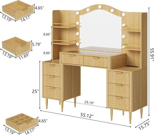 55" Big Fluted Vanity Desk with Mirror and Lights,Makeup Vanity with 8 Storage Drawers and 4 Storage Shelves,Glass Top & Power Outlet,3 Lighting Modes,Dressing Table for Women Girls Bedroom,Oak