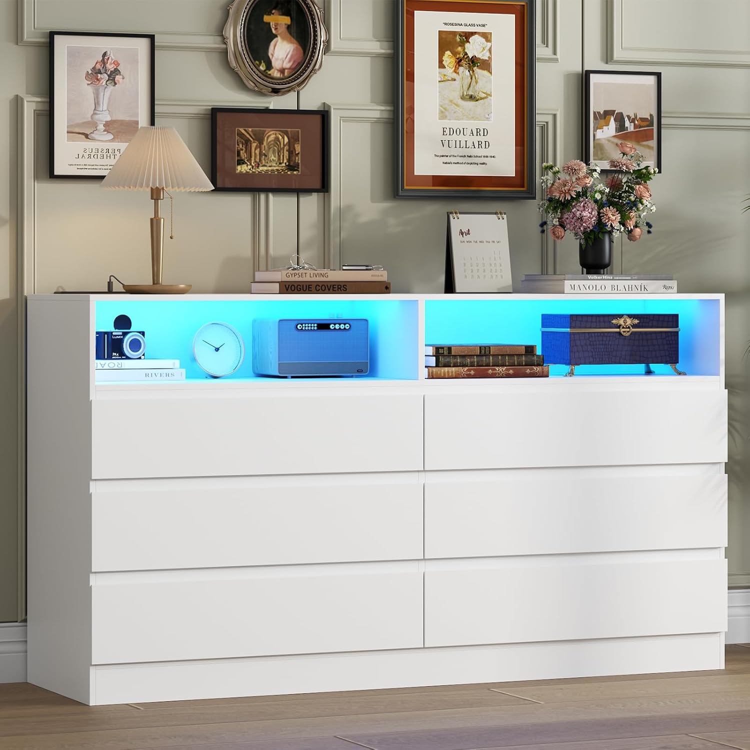 6 Drawer Dresser with Power Outlet, Modern White Dresser Chest of Drawers with LED Ligh, Wooden Dressers TV Stand, Double Wide Dressers Organizer for Bedroom, Living Room, Entryway