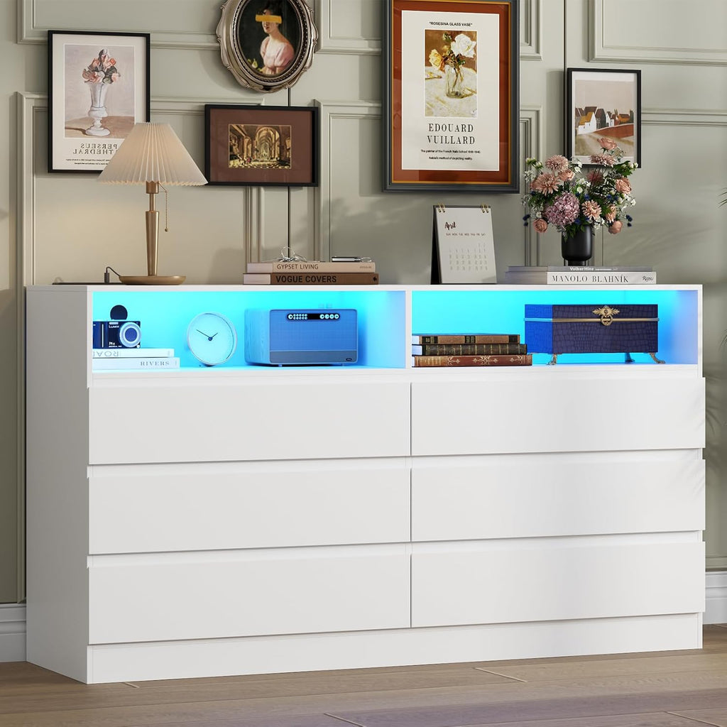 6 Drawer Dresser with Power Outlet, Modern White Dresser Chest of Drawers with LED Ligh, Wooden Dressers TV Stand, Double Wide Dressers Organizer for Bedroom, Living Room, Entryway