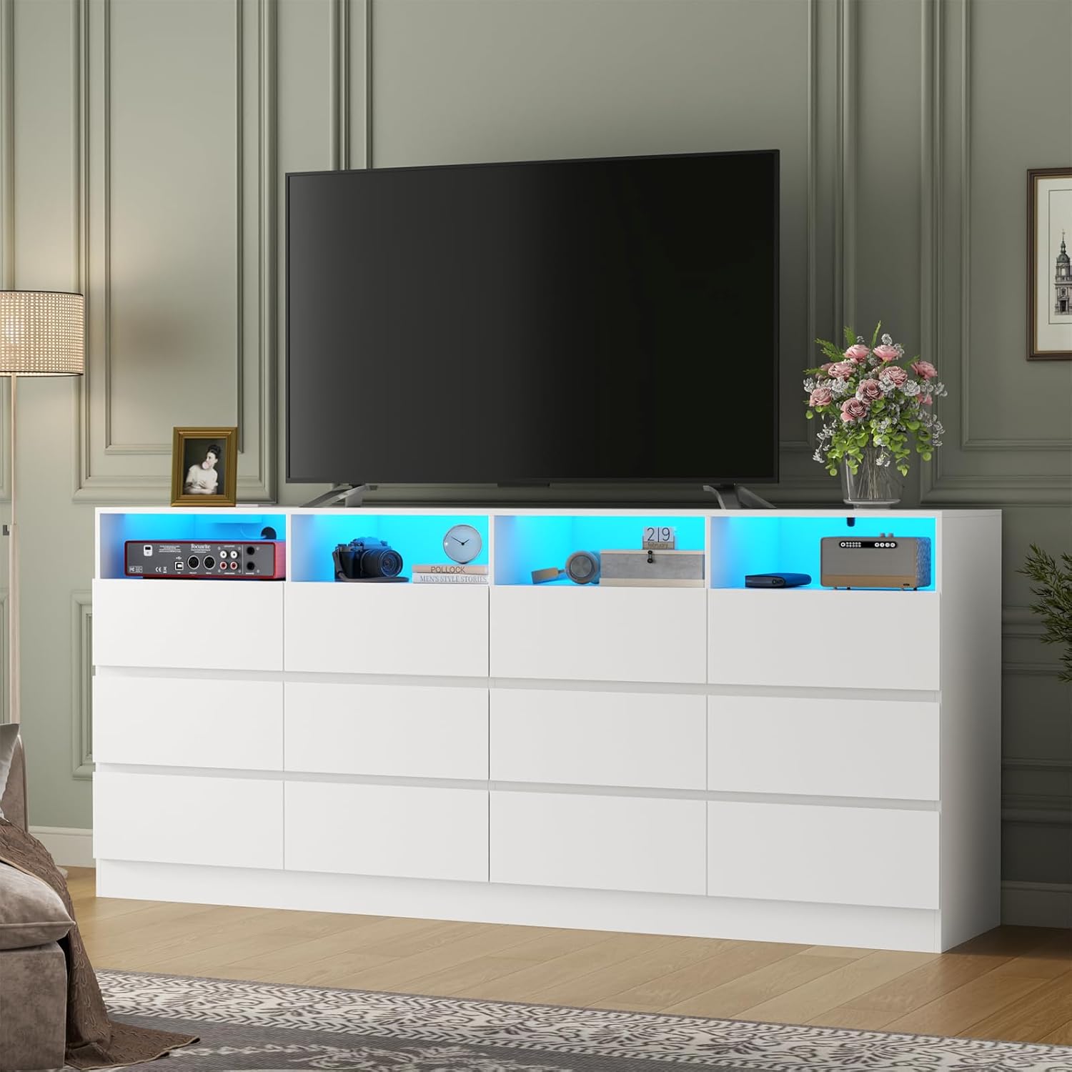 63" Wide 6-Drawer White Dresser with Divided Compartments, Charging Station & LED Lights, TV Stand for TVs up to 75", Large Organizer with 4 Open Cubbies