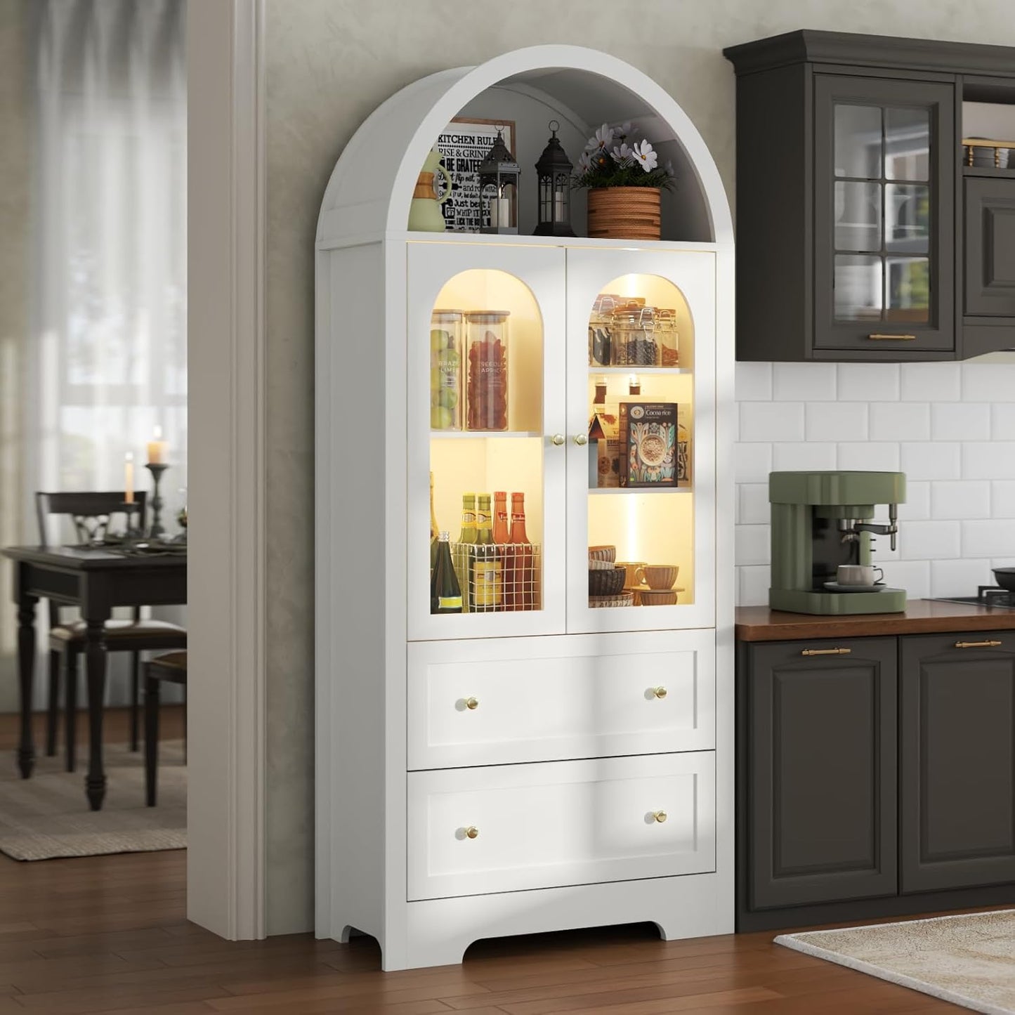 70" Tall Arched Bookcase with LED Lights, Modern Curved Cabinet with Glass Door, Arched Bookshelf Cabinet with 2 Storage Drawers, Display Storage Cabinet with Adjustable Shelves for Living Room,White