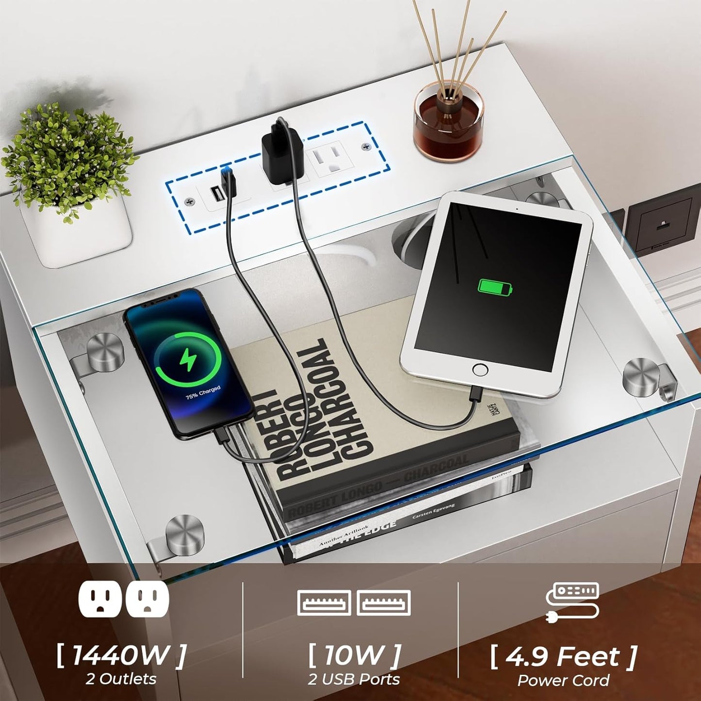 Floating Nightstand with Charging Station, Floating Night Stand with Charging Station and LED, Night Stand for Living Room, Entryway Wall, Bedroom White Nightstand