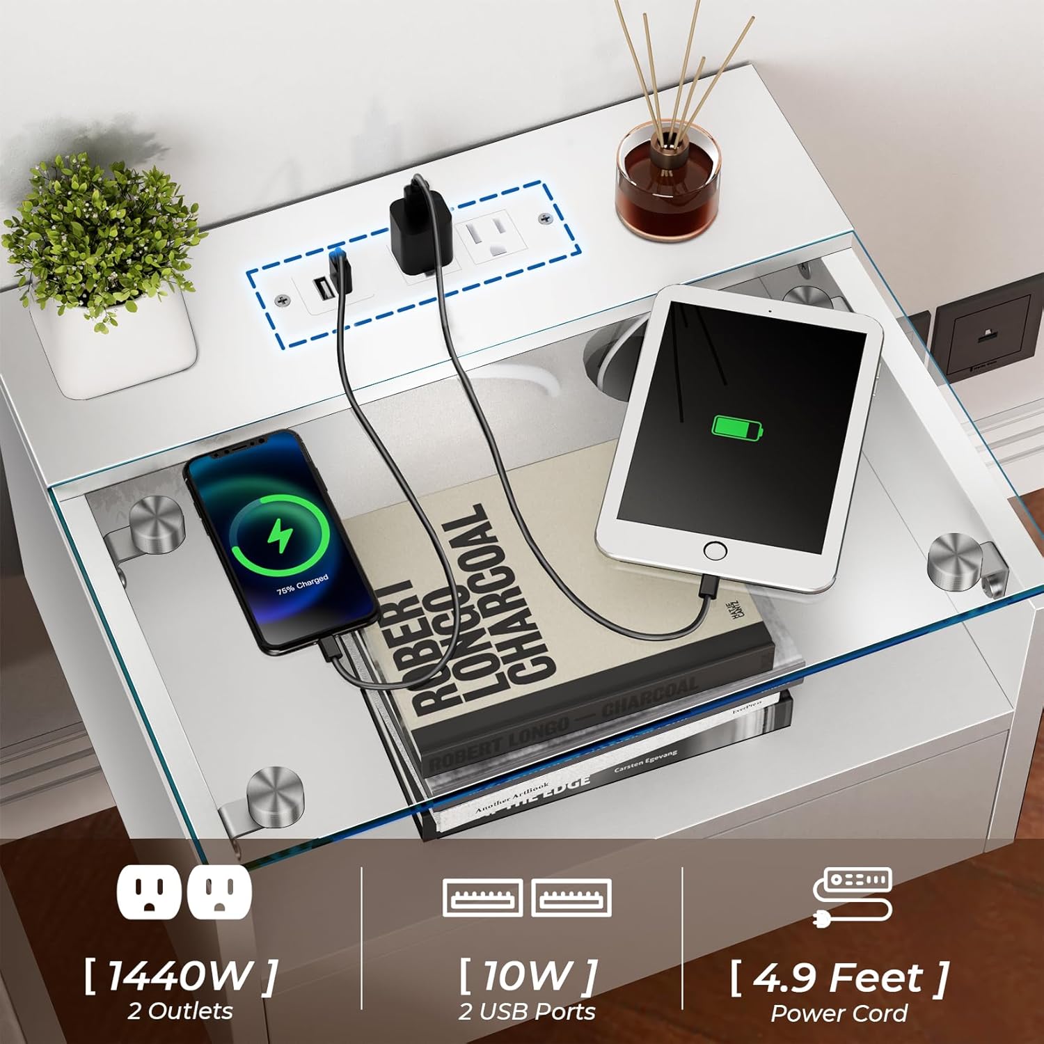 Floating Nightstand with Charging Station, Floating Night Stand with Charging Station and LED, Night Stand for Living Room, Entryway Wall, Bedroom White Nightstand