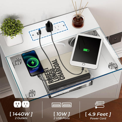 Floating Nightstand with Charging Station, Floating Night Stand with Charging Station and LED, Night Stand for Living Room, Entryway Wall, Bedroom White Nightstand