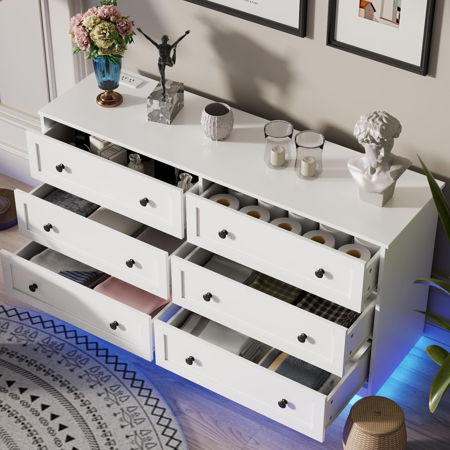 6 Drawer Dresser with Power Outlet and LED Light, Modern Floating Storage Dresser for Bedroom, Living Room