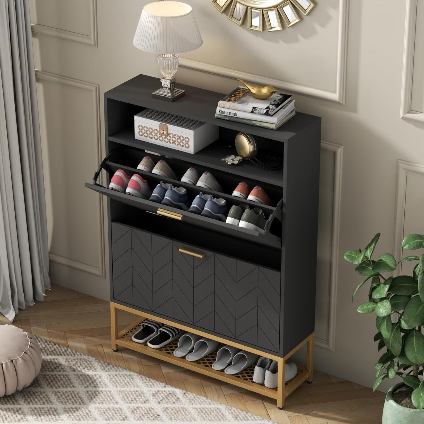 Shoe Storage Cabinet with 2 Flip Drawers, Freestanding Tipping Bucket Shoe Rack Organizer with Top Cubby & Storage Shelf, Narrow Slim Hidden Shoe Cabinet for Entryway, Hallway, Bedroom, Black