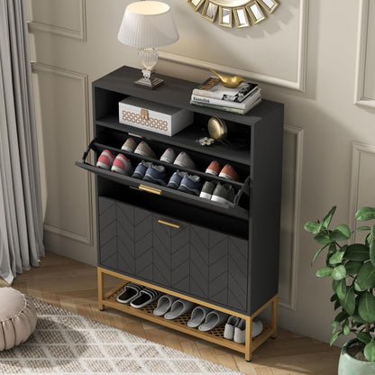 Shoe Storage Cabinet with 2 Flip Drawers, Freestanding Tipping Bucket Shoe Rack Organizer with Top Cubby & Storage Shelf, Narrow Slim Hidden Shoe Cabinet for Entryway, Hallway, Bedroom, Black