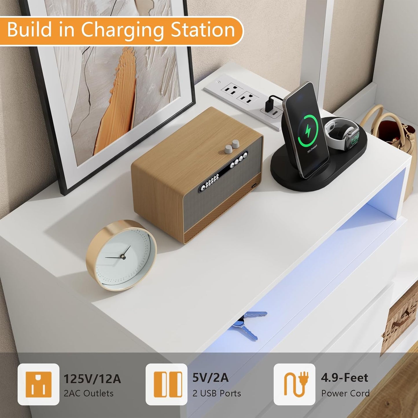 Dresser with Hanging Rack, 3 Drawers Dresser with Charging Station & LED Lights, 55" Chest of Drawers with Open Storage & Adjustable Shelves for Clothes, White Modern Dresser for Bedroom, Closet