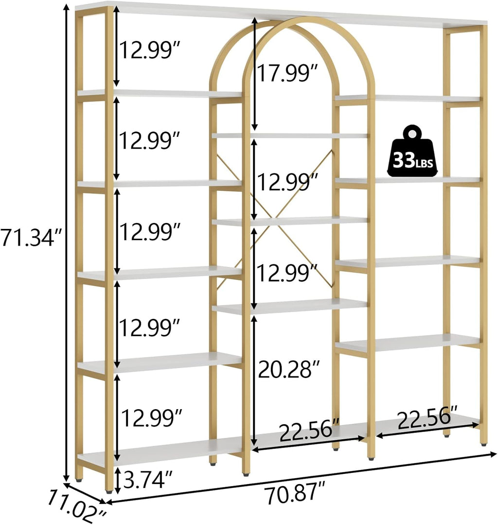 Triple Wide Gold Bookshelf, 70.87" W x 71.34" H Large Modern Etagere Bookcase, Tall Display Shelf with 13-Tier Open Shelves, Freestanding Staggered Storage Shelf for Home Office (White/Gold)