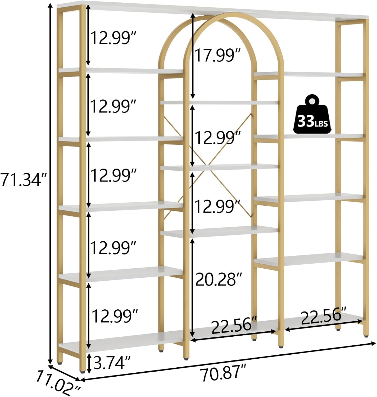 Triple Wide Gold Bookshelf, 70.87" W x 71.34" H Large Modern Etagere Bookcase, Tall Display Shelf with 13-Tier Open Shelves, Freestanding Staggered Storage Shelf for Home Office (White/Gold)